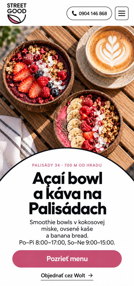 Ten istý návrh na mobile: telefón 0904 146 868 ako tlačidlo v hlavičke, fotka stola s bowls, nadpis a tlačidlo Pozrieť menu