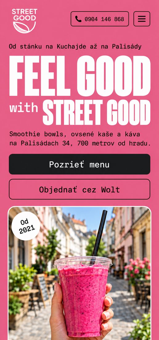 Ten istý návrh na mobile: ružová obrazovka so sloganom, tlačidlá Pozrieť menu a Objednať cez Wolt na celú šírku, pod nimi fotka smoothie