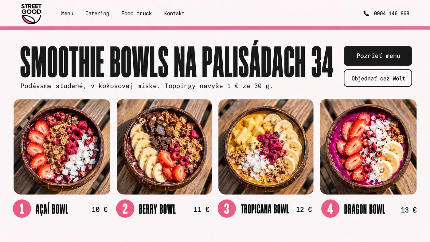 Návrh Menu na počítači: nadpis Smoothie bowls na Palisádach 34, tlačidlá Pozrieť menu a Objednať cez Wolt a štyri bowls s číslom a cenou: Açaí bowl 10 €, Berry bowl 11 €, Tropicana bowl 12 €, Dragon bowl 13 €